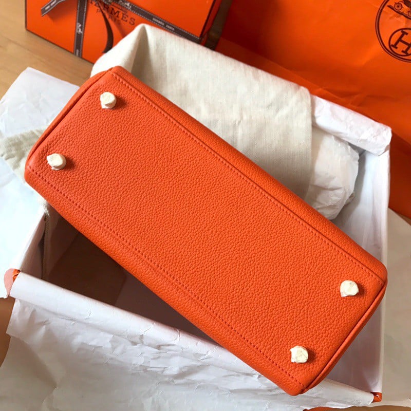 Hermes Kelly Retourne 28 Handmade Bag In Orange Clemence Leather