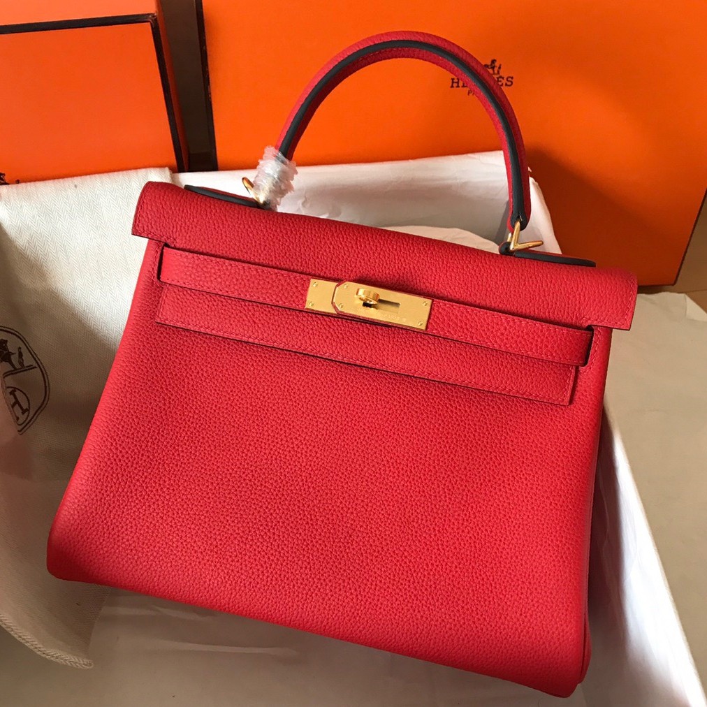 Hermes Kelly Retourne 28 Handmade Bag In Red Clemence Leather