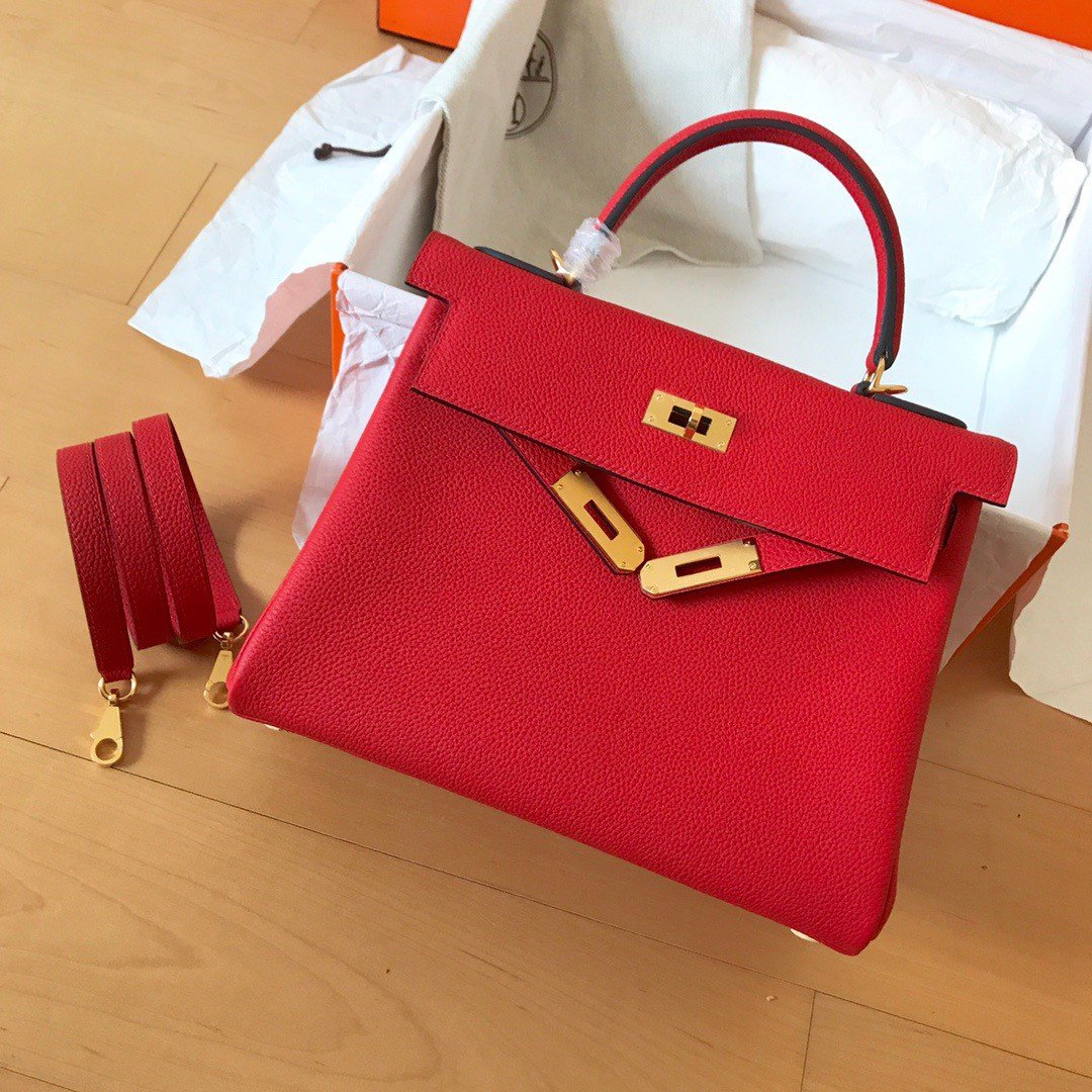 Hermes Kelly Retourne 28 Handmade Bag In Red Clemence Leather