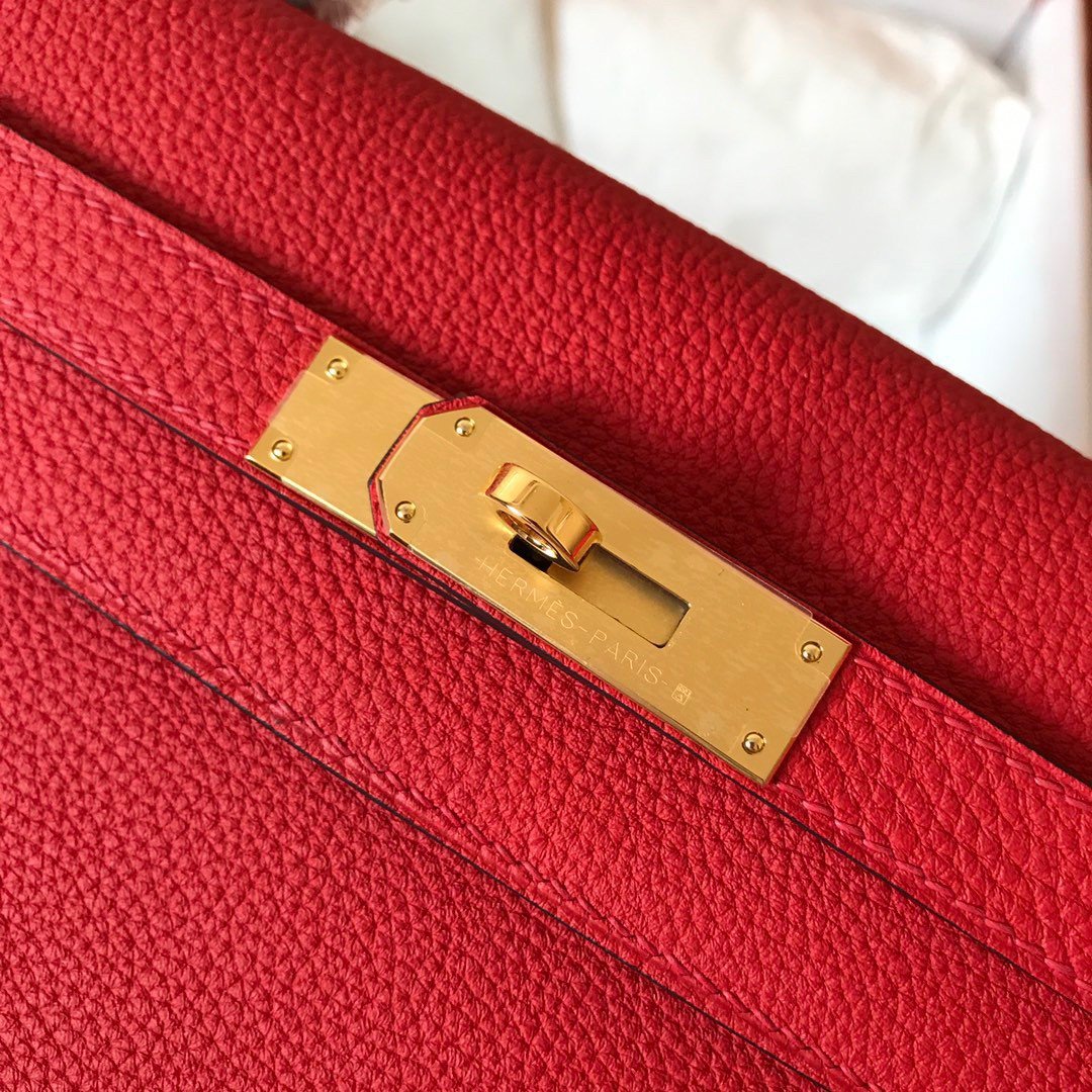 Hermes Kelly Retourne 28 Handmade Bag In Red Clemence Leather