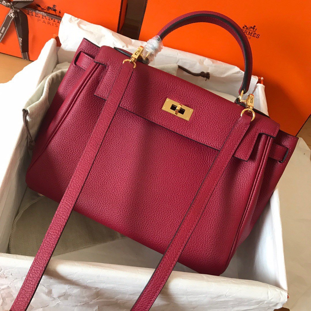 Hermes Kelly Retourne 28 Handmade Bag In Ruby Clemence Leather