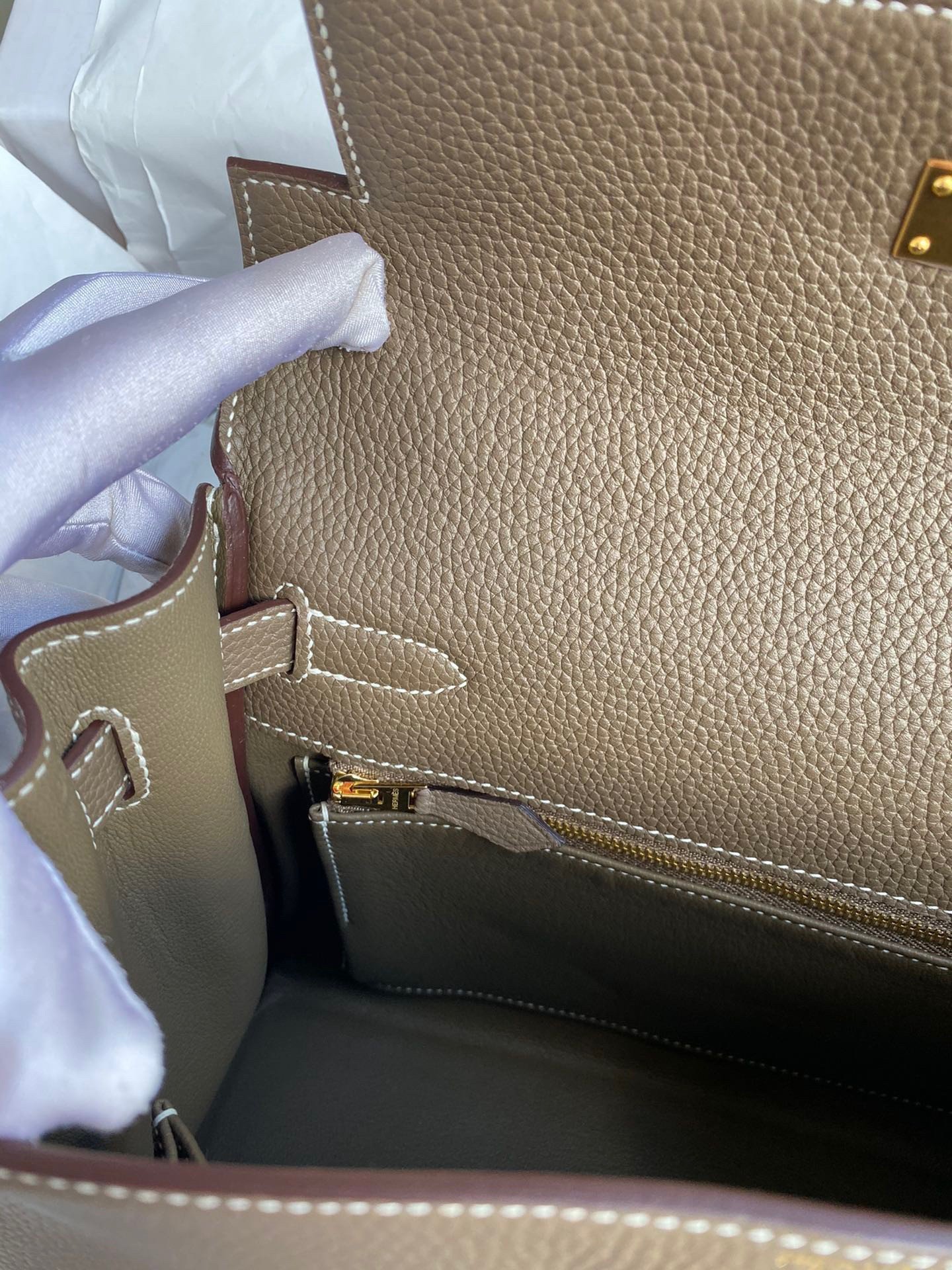 Hermes Kelly Retourne 28 Handmade Bag In Taupe Clemence Leather