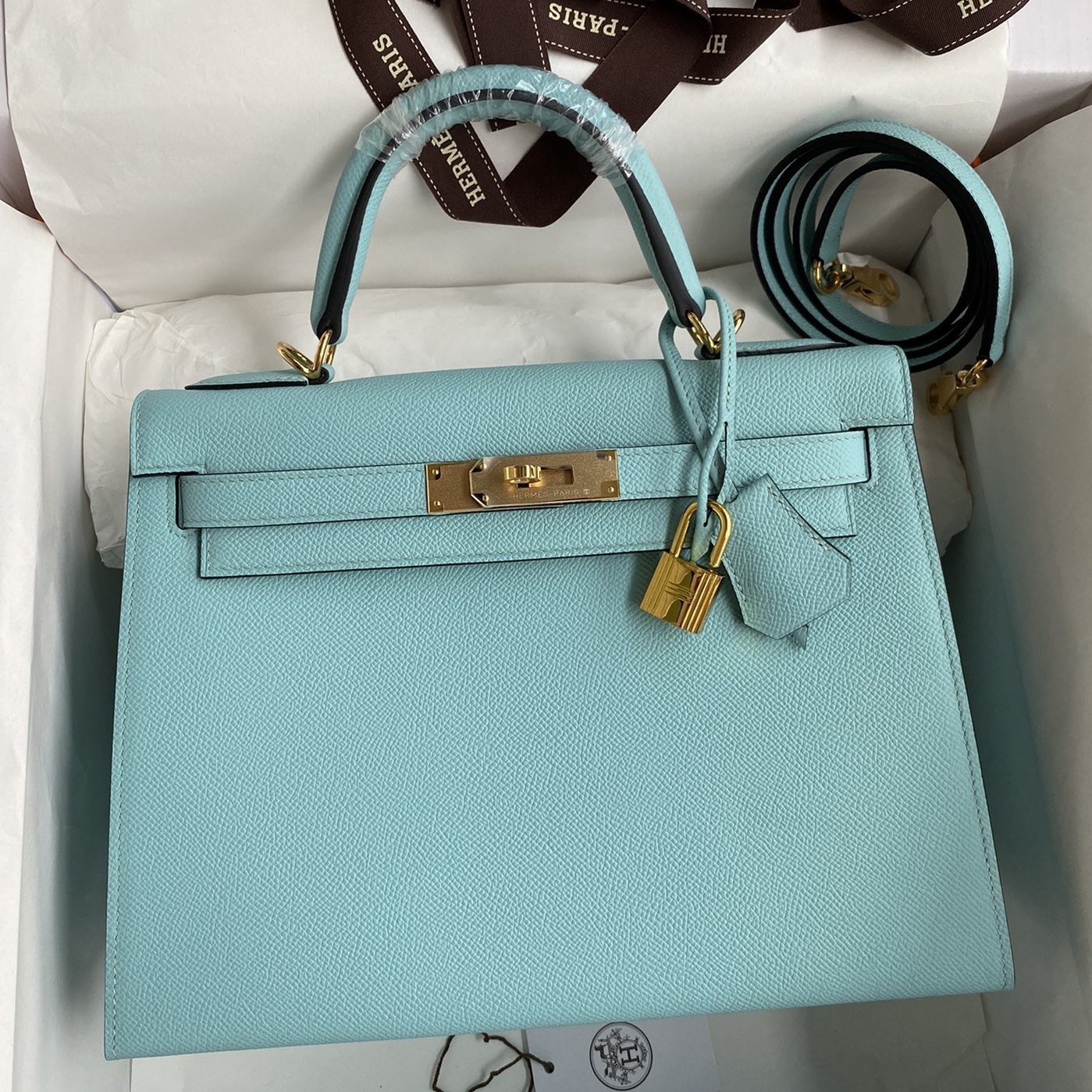 Hermes Kelly Sellier 28 Handmade Bag In Blue Atoll Epsom Calfskin