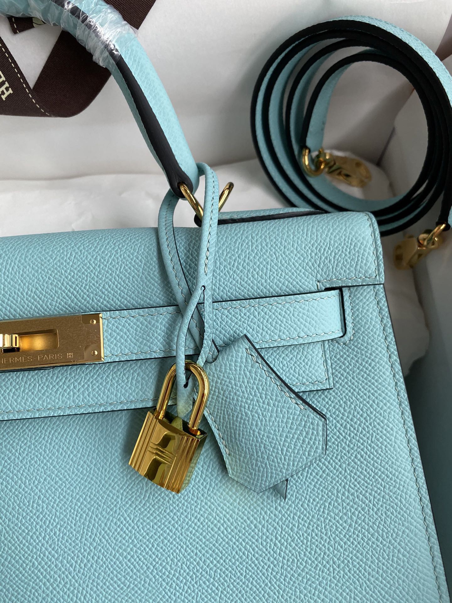 Hermes Kelly Sellier 28 Handmade Bag In Blue Atoll Epsom Calfskin