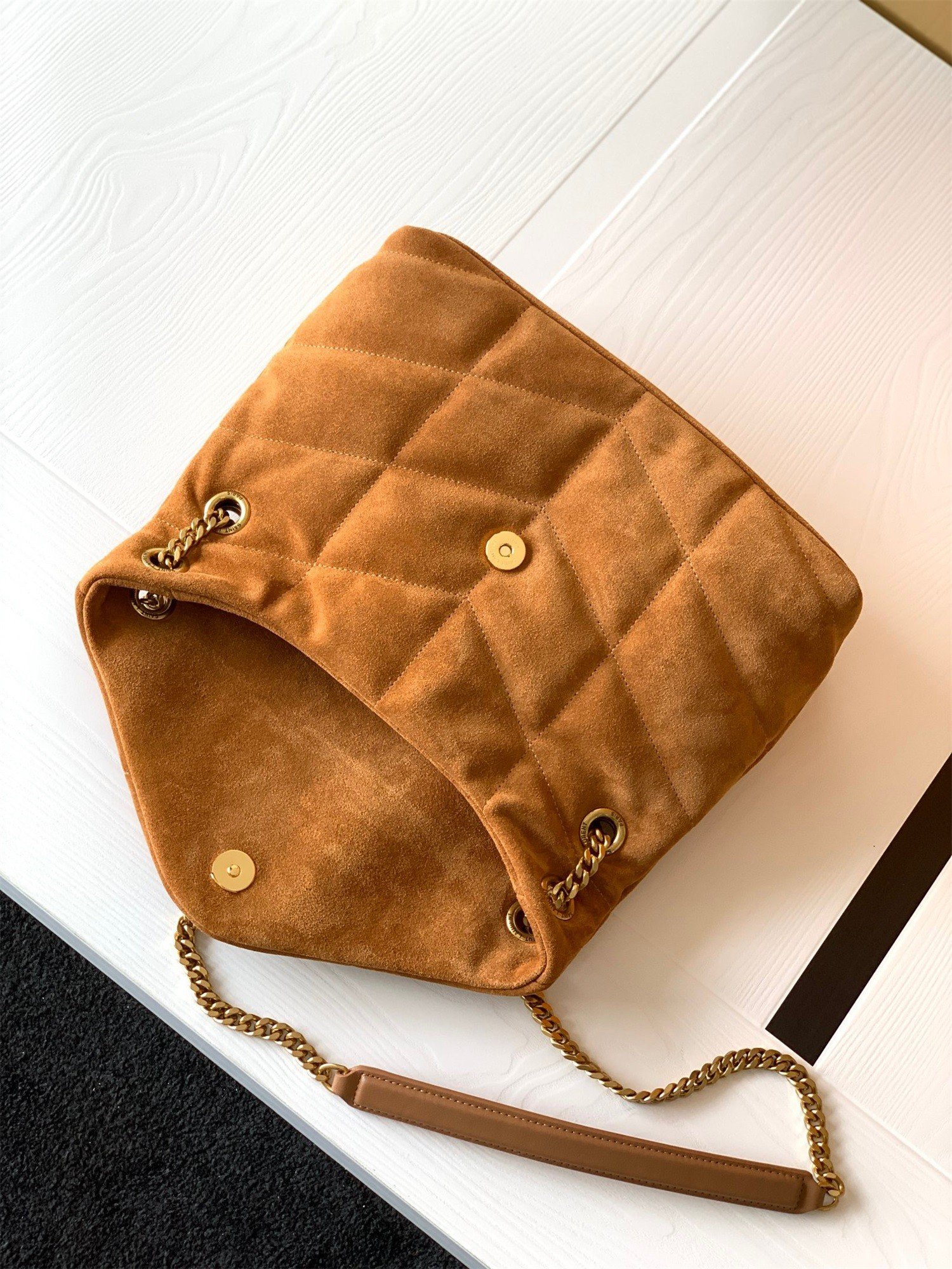 Saint Laurent Puffer Small Chain Bag In Brown Suede Calfskin