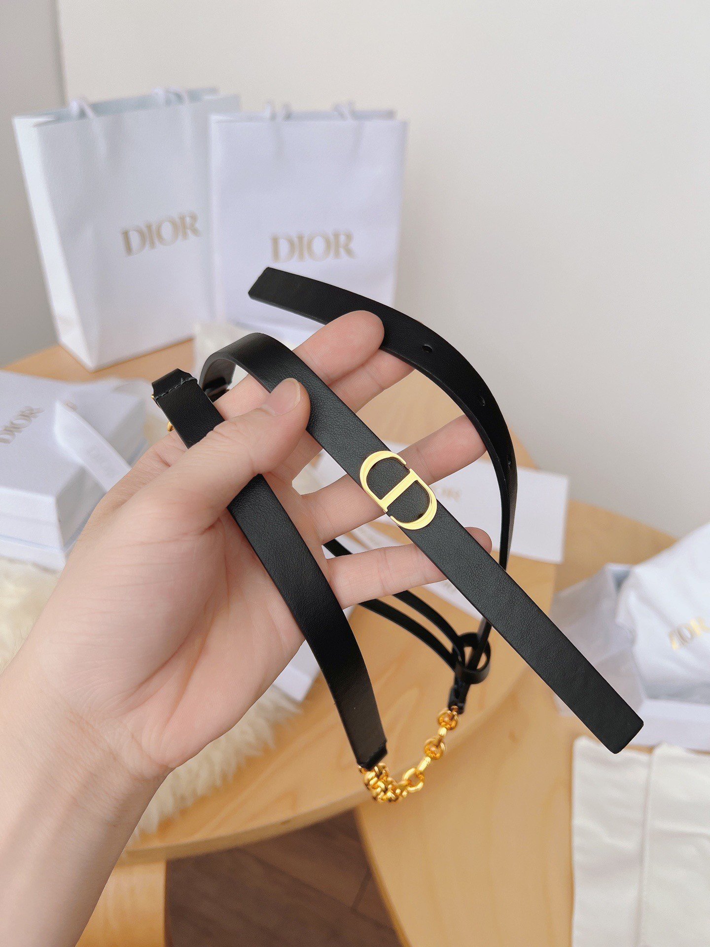 Dior Caro 15MM Belt in Black Calfskin and Chain