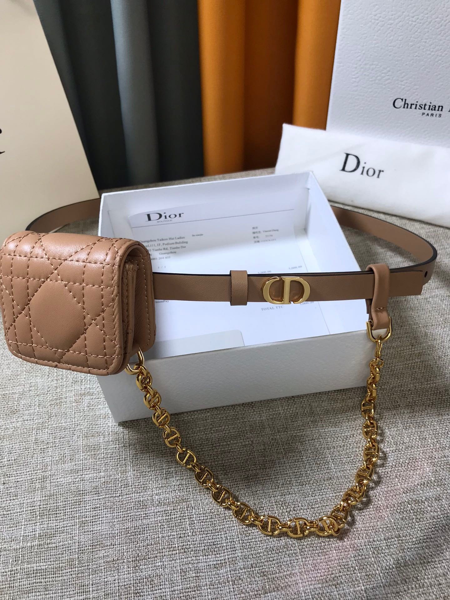 Dior Caro 15MM Belt with Removable Pouch in Beige Calfskin