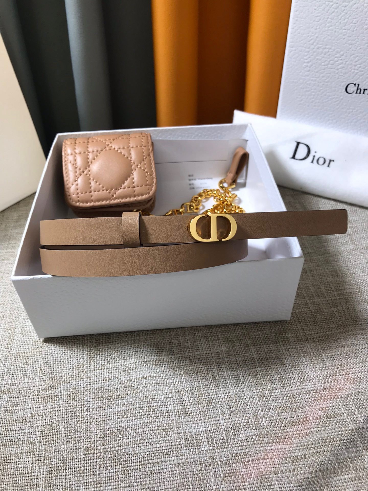 Dior Caro 15MM Belt with Removable Pouch in Beige Calfskin