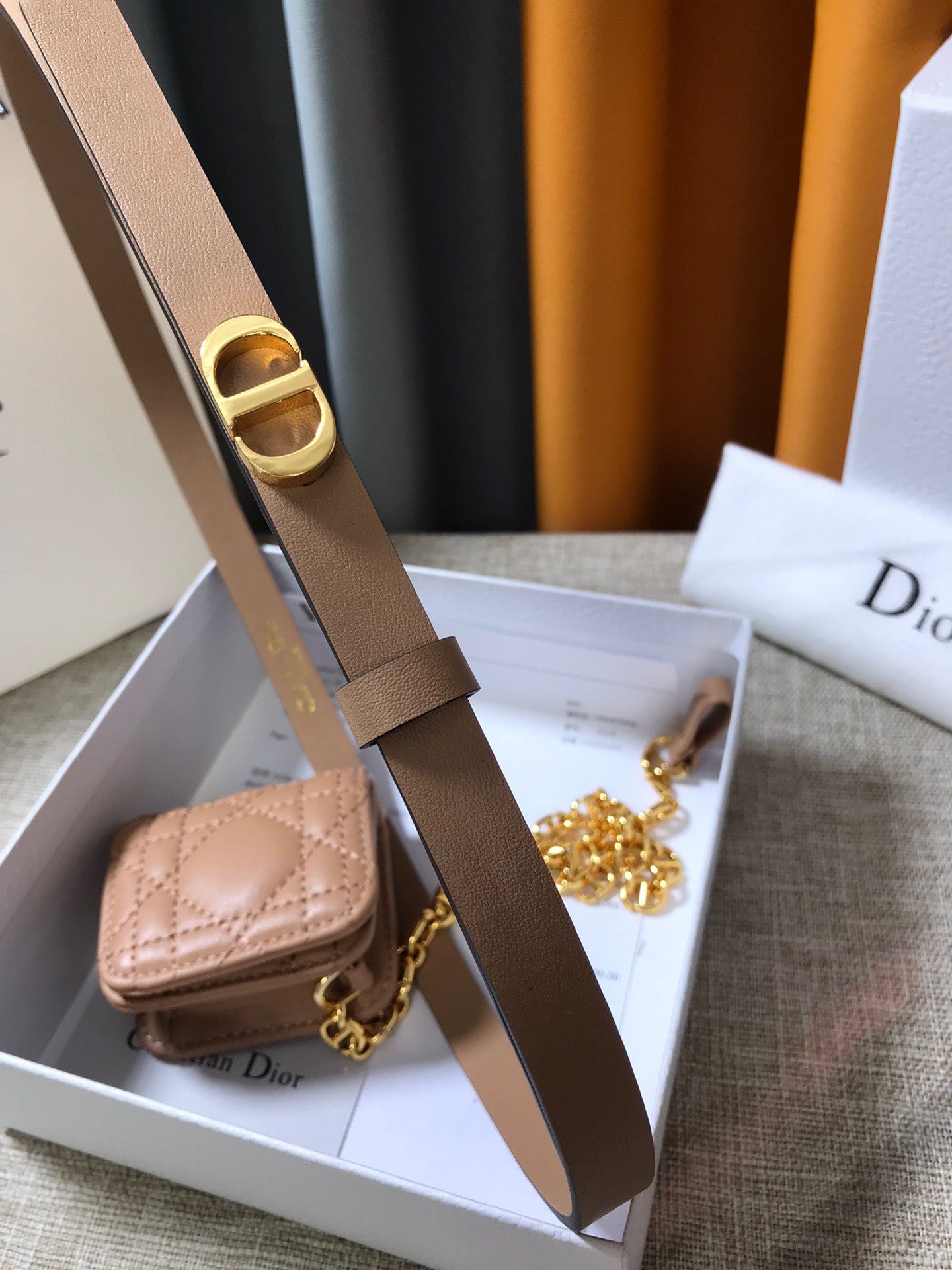 Dior Caro 15MM Belt with Removable Pouch in Beige Calfskin