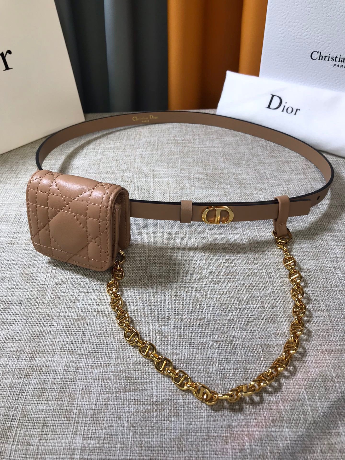 Dior Caro 15MM Belt with Removable Pouch in Beige Calfskin