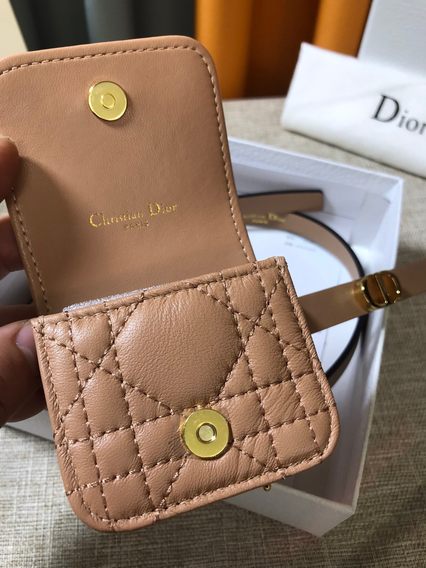 Dior Caro 15MM Belt with Removable Pouch in Beige Calfskin