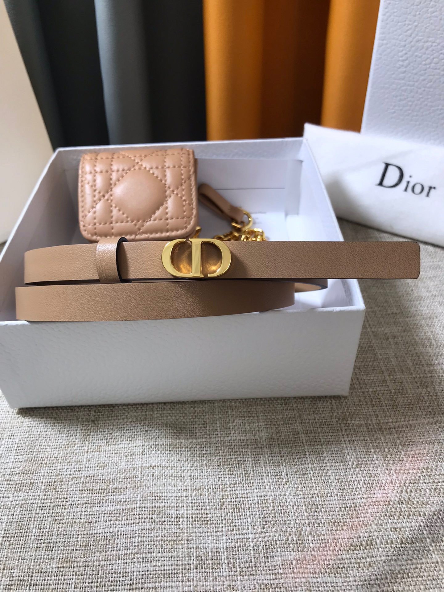 Dior Caro 15MM Belt with Removable Pouch in Beige Calfskin