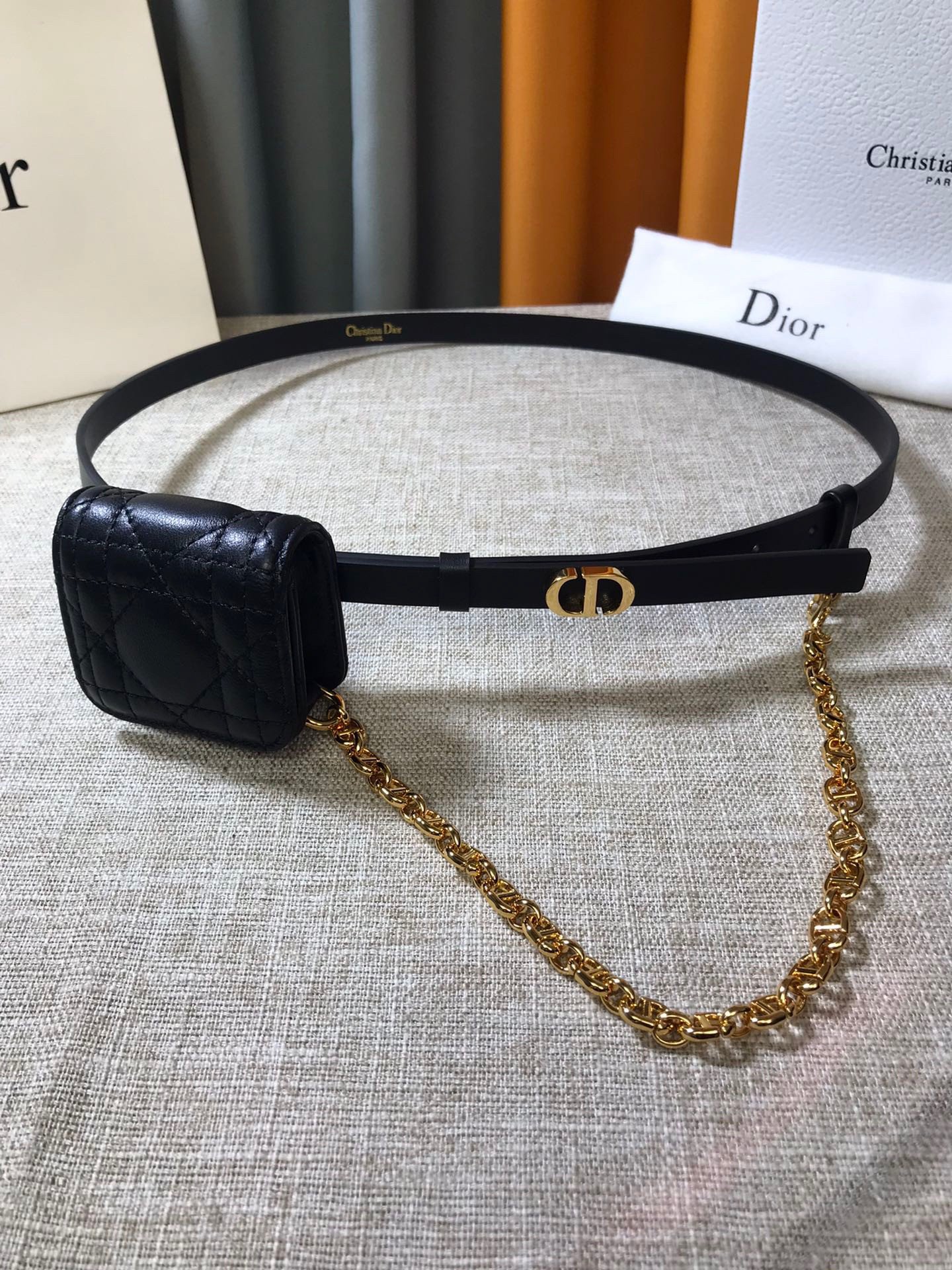 Dior Caro 15MM Belt with Removable Pouch in Black Calfskin