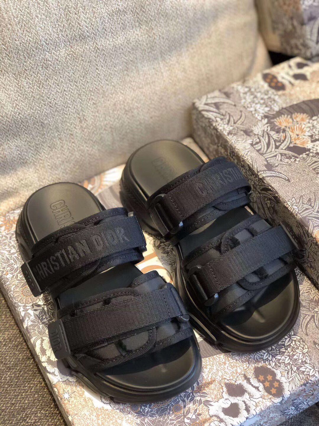 Dior D-Wander Slides In Black Camouflage Fabric