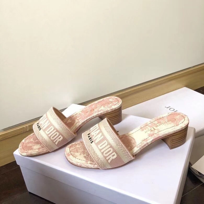 Dior Dway Heeled Slides In Pink Toile de Jouy Embroidered Cotton