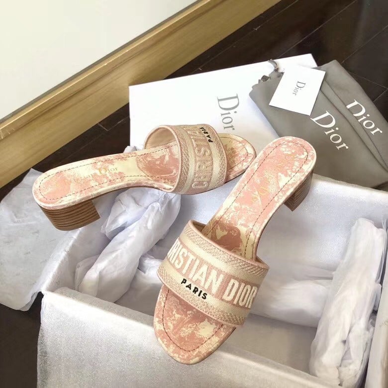 Dior Dway Heeled Slides In Pink Toile de Jouy Embroidered Cotton