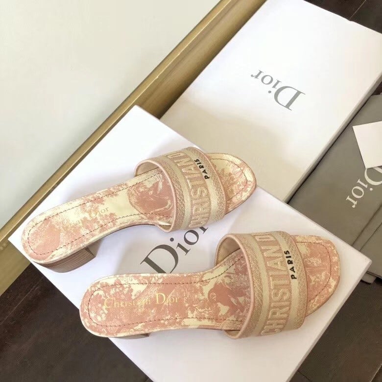 Dior Dway Heeled Slides In Pink Toile de Jouy Embroidered Cotton