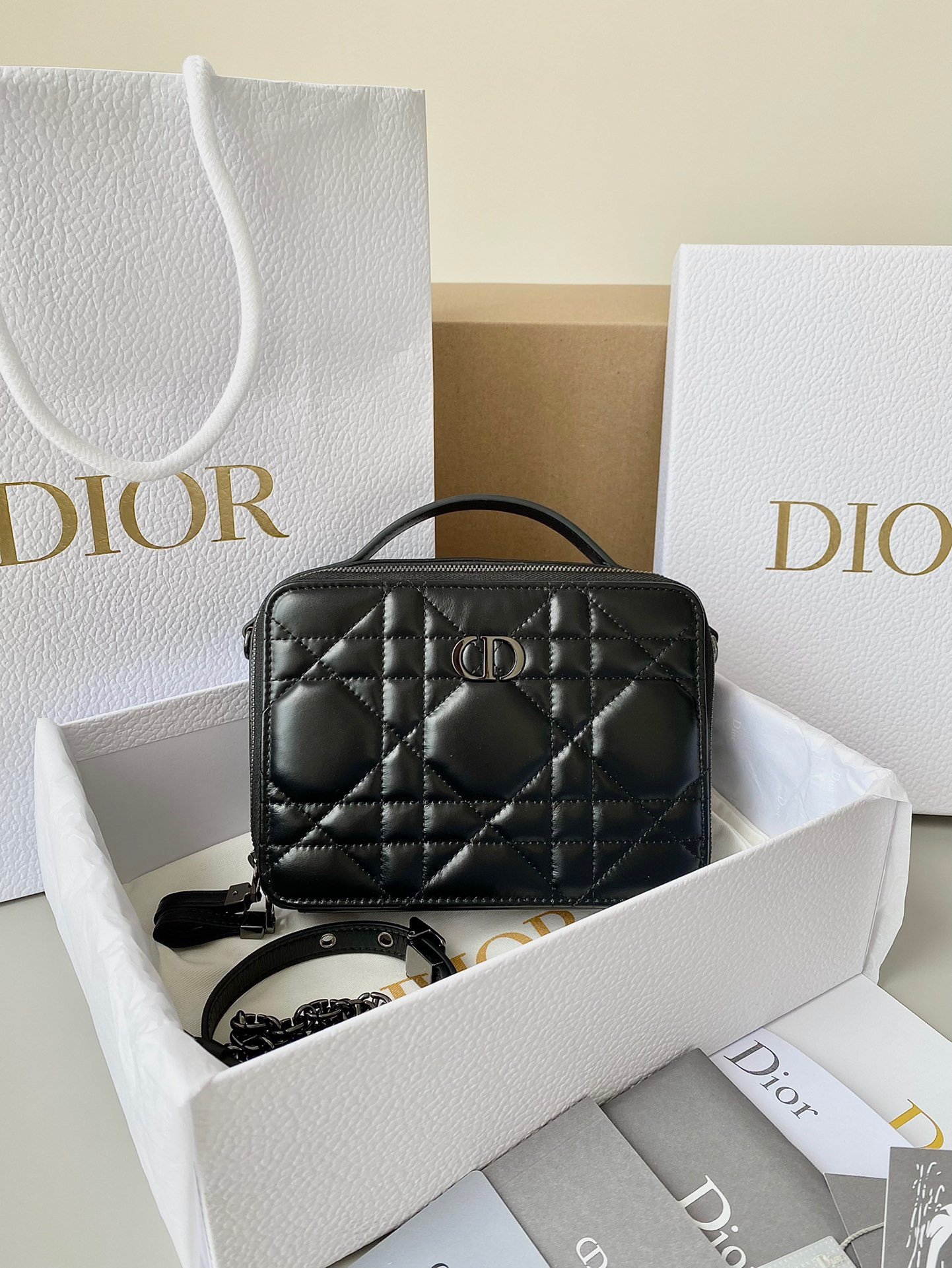 Dior Caro Box Bag with Chain in Black Macrocannage Calfskin