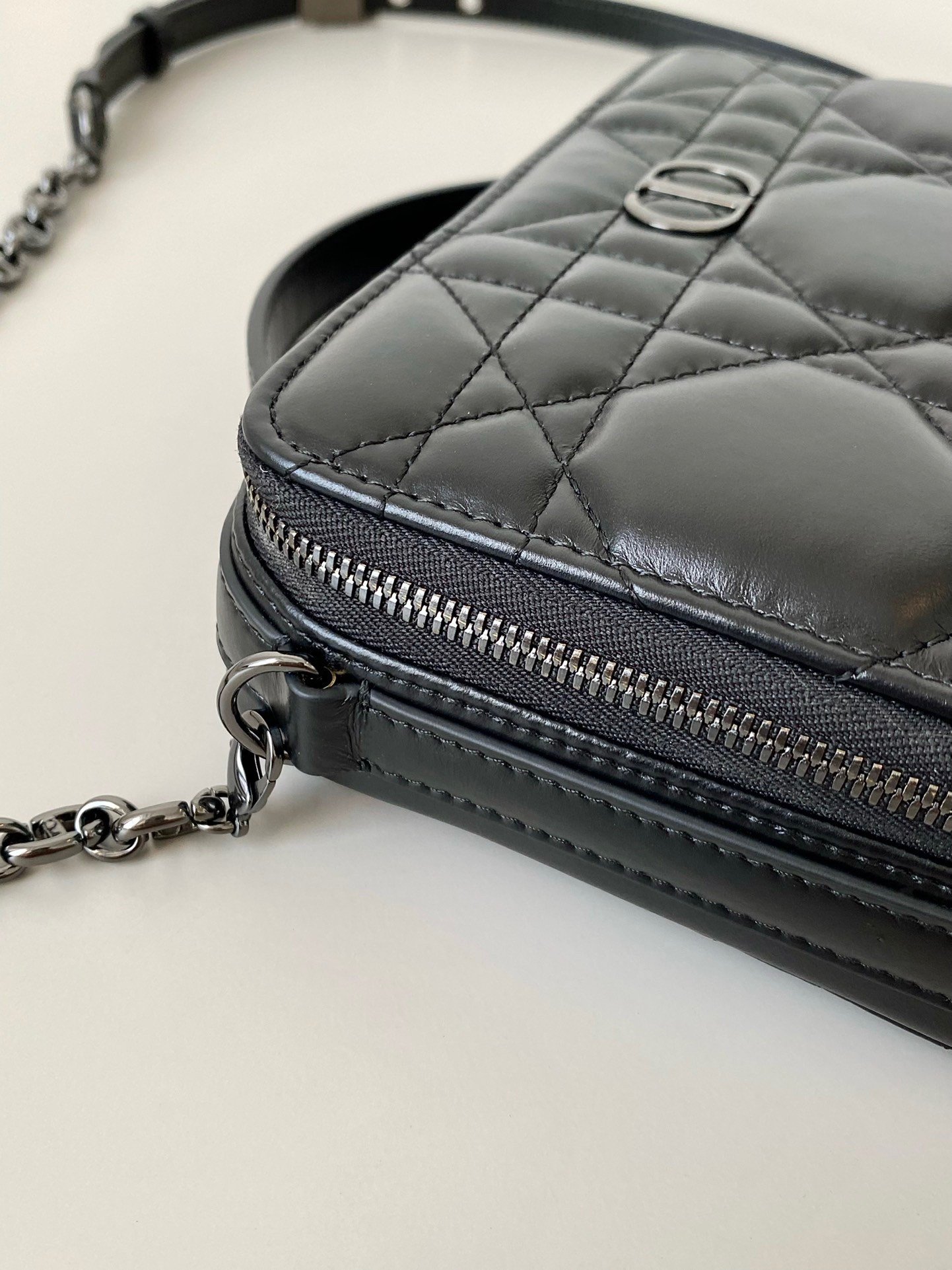 Dior Caro Box Bag with Chain in Black Macrocannage Calfskin