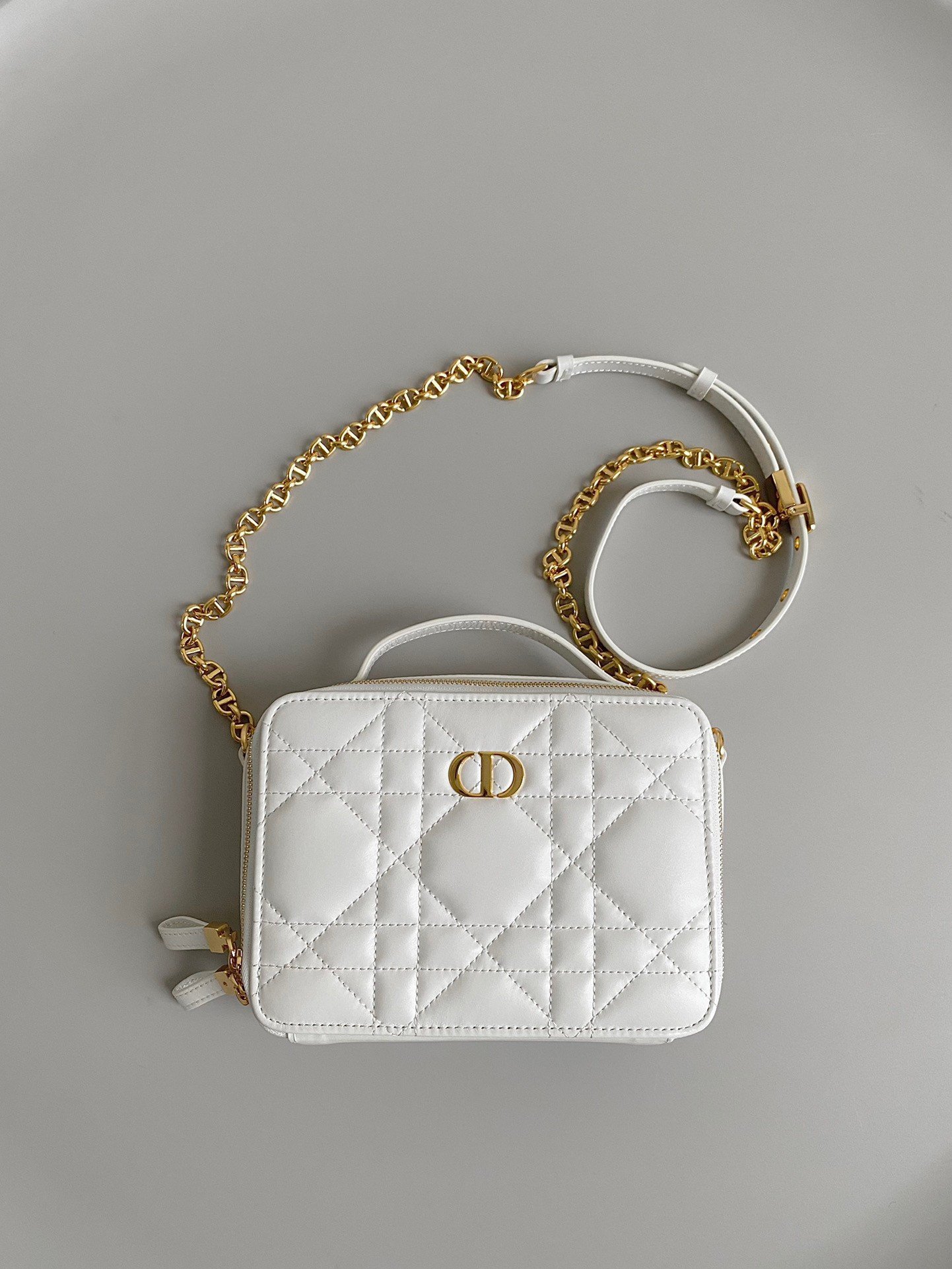 Dior Caro Box Bag with Chain in White Macrocannage Calfskin