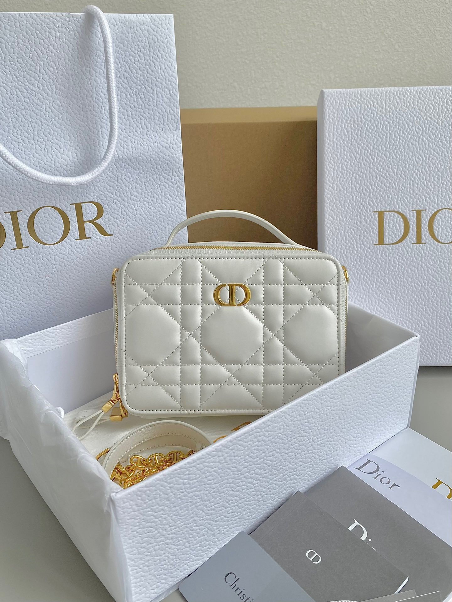 Dior Caro Box Bag with Chain in White Macrocannage Calfskin