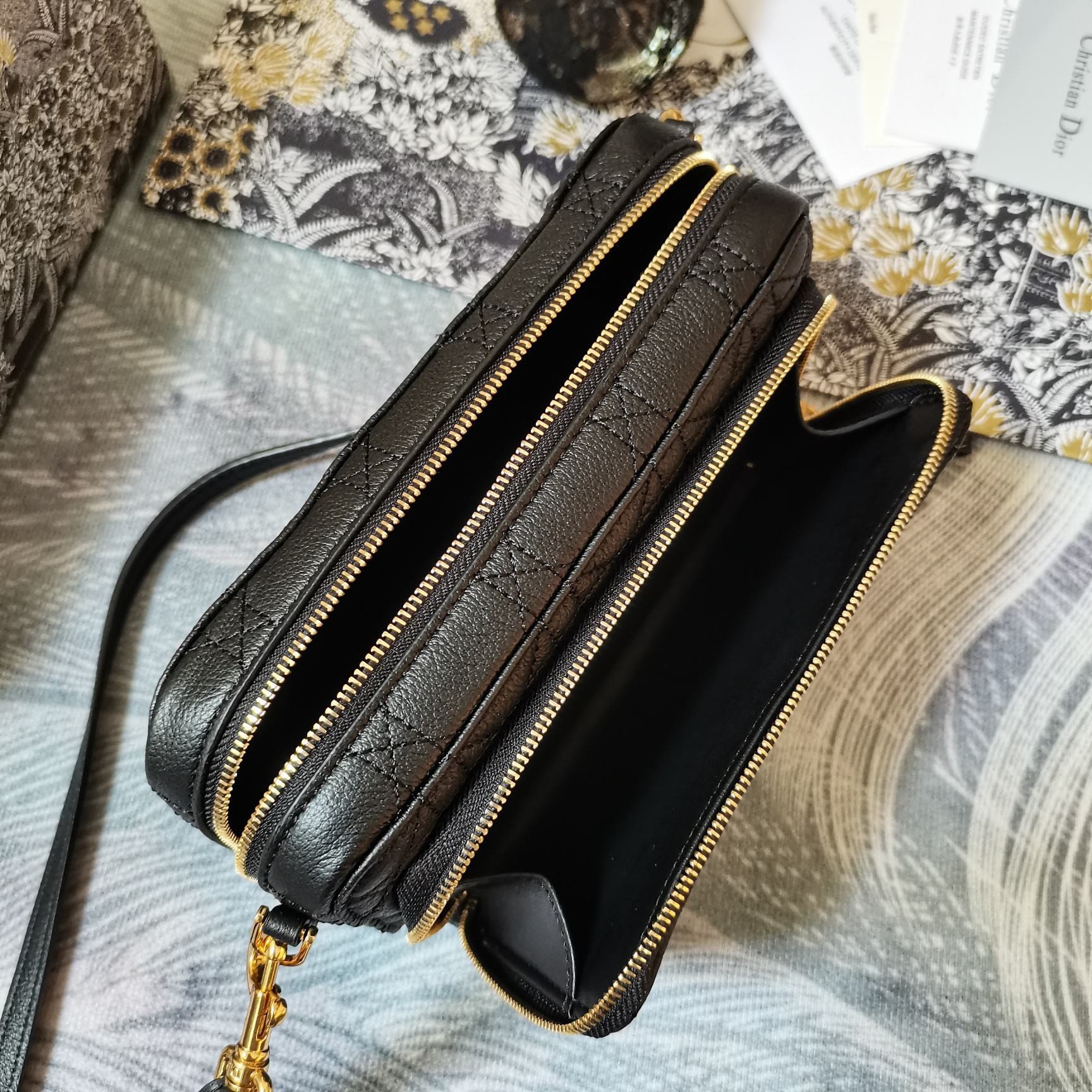 Dior Caro Double Pouch In Black Cannage Calfskin