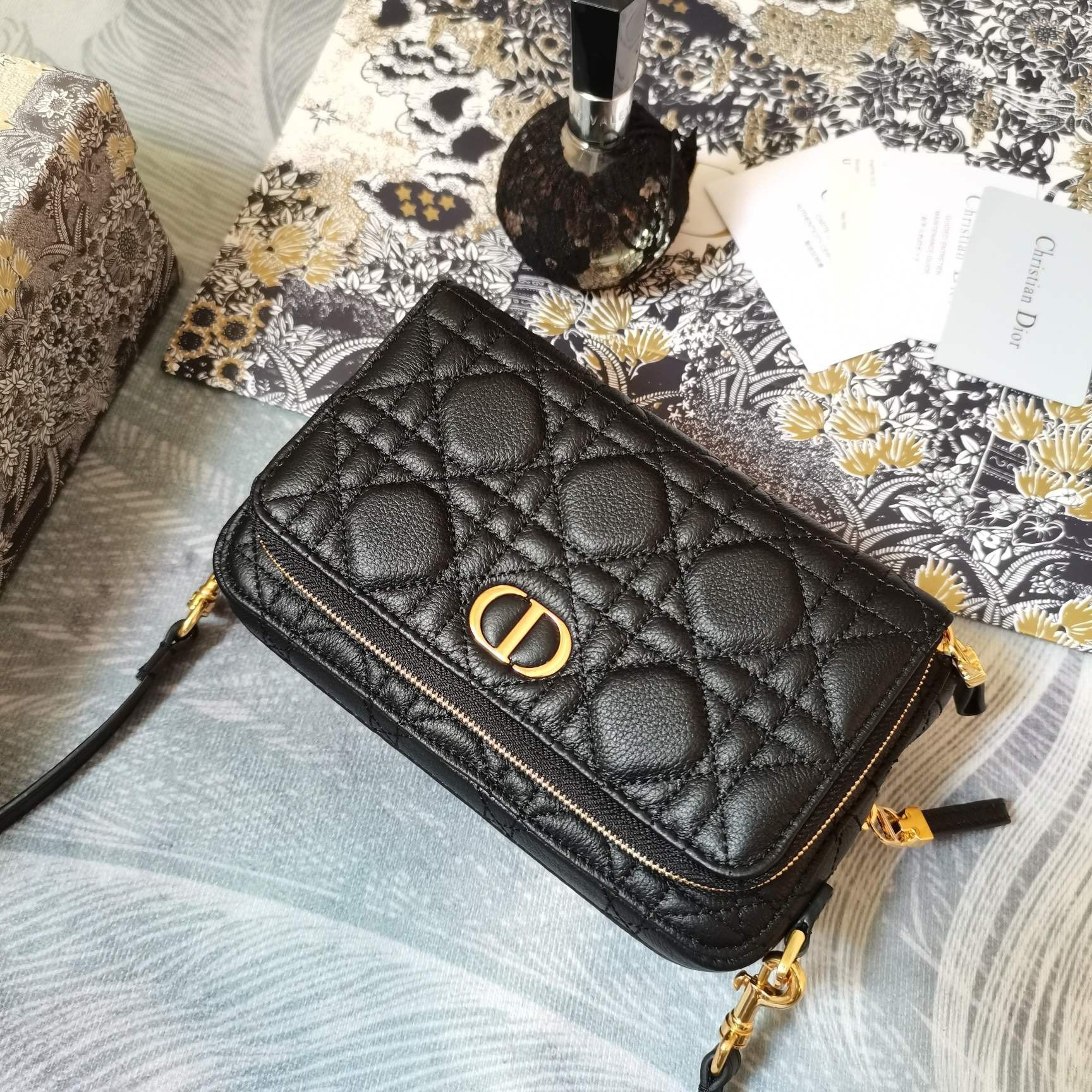 Dior Caro Double Pouch In Black Cannage Calfskin