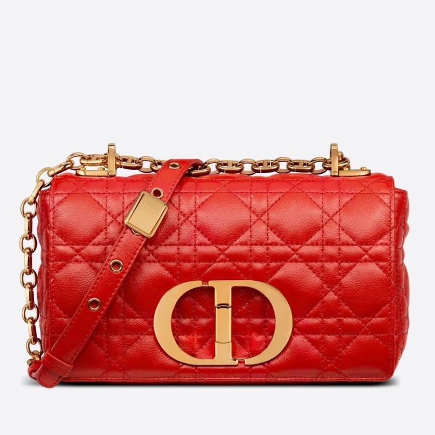 Dior Caro Small Bag In Red Cannage Calfskin