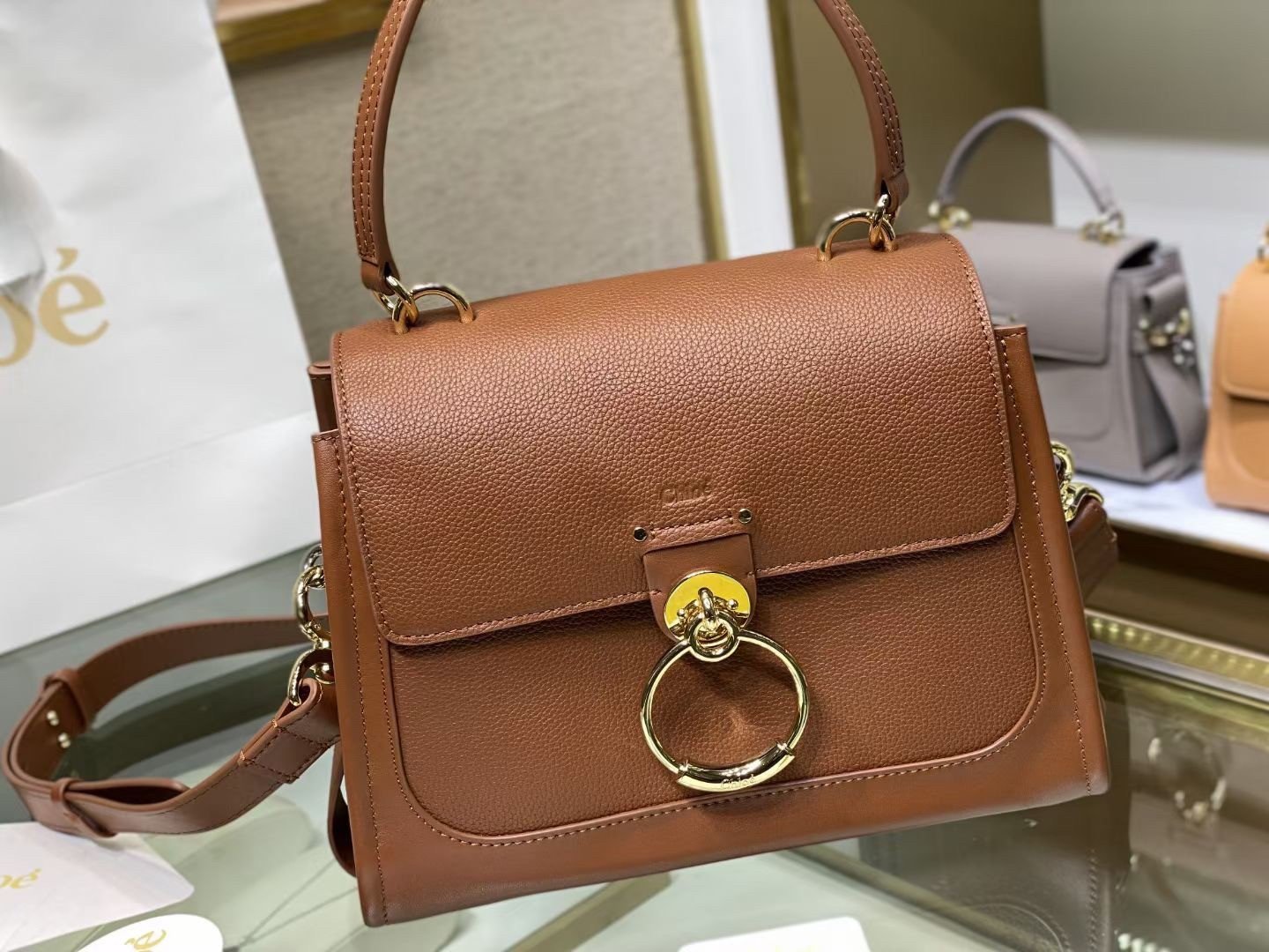 Chloe Small Tess Day Bag In Caramel Grained Leather