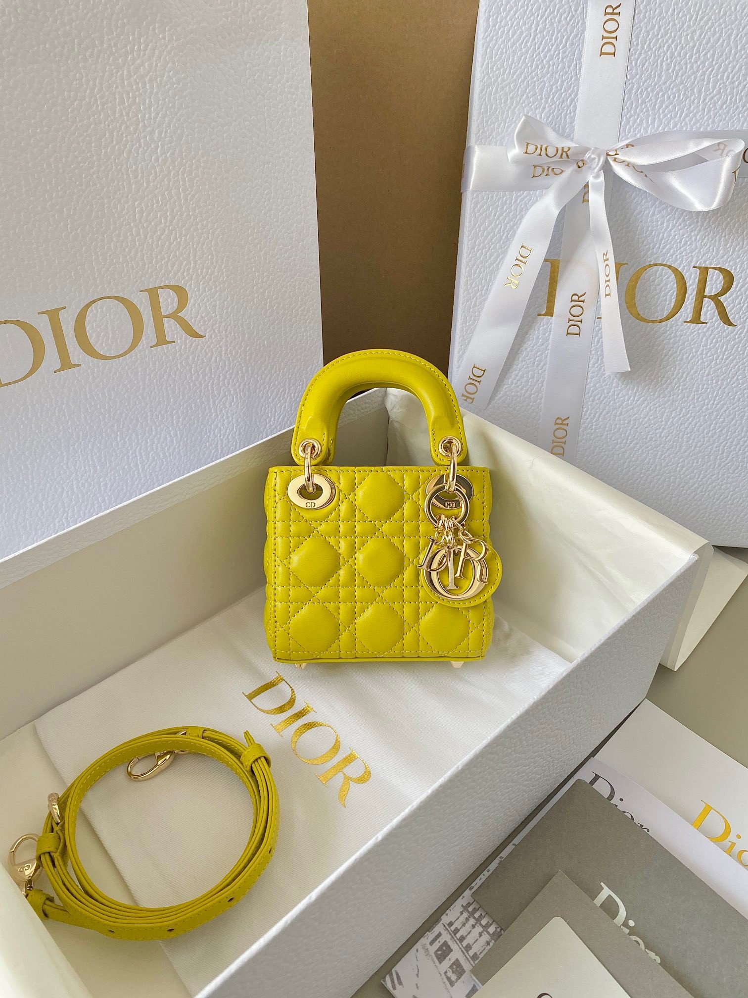 Dior Lady Dior Micro Bag In Yellow Cannage Lambskin