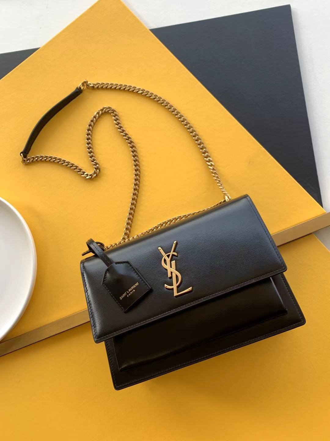 Saint Laurent Sunset Medium Chain Bag In Black Calfskin