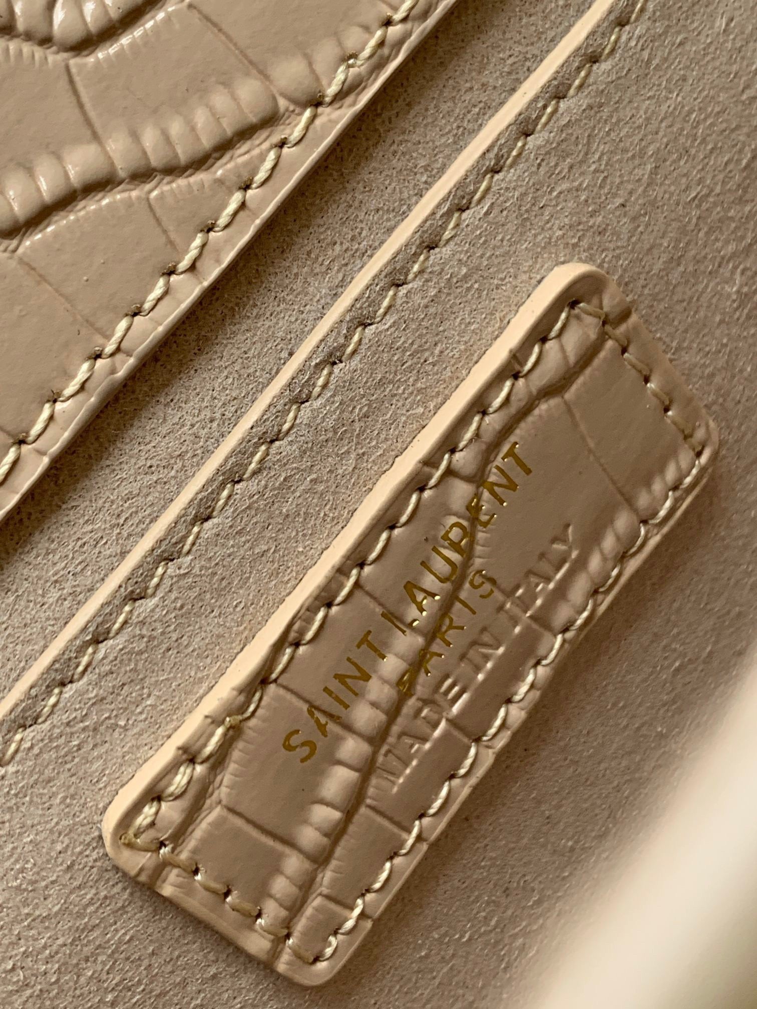 Saint Laurent Sunset Medium Chain Bag In Beige Crocodile-embossed Leather