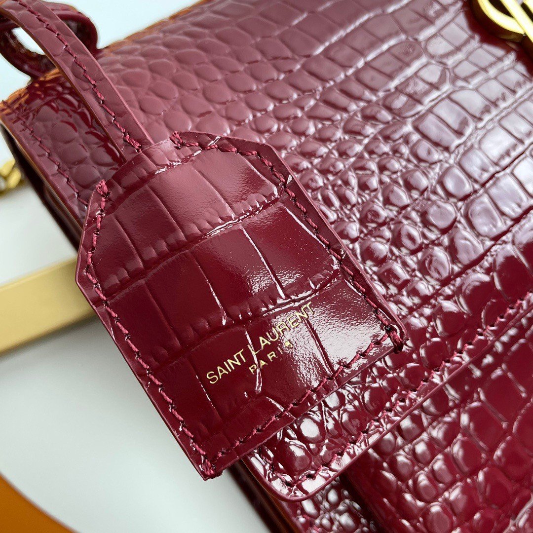 Saint Laurent Sunset Medium Chain Bag In Bordeaux Crocodile-embossed Leather