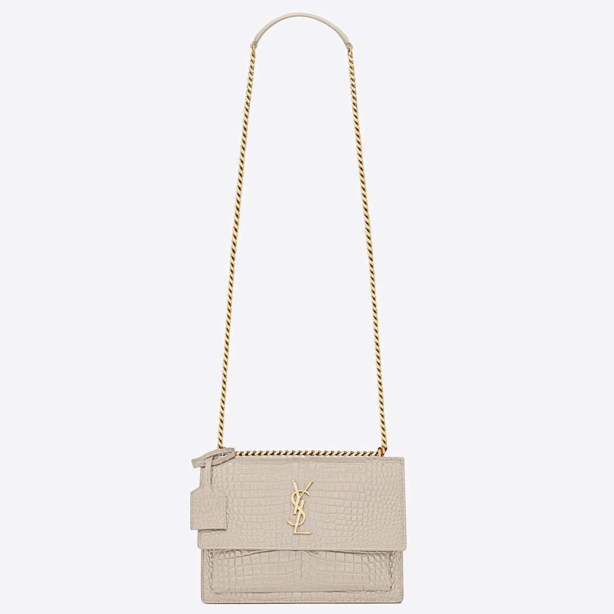 Saint Laurent Sunset Medium Chain Bag In Ivory Crocodile-embossed Leather