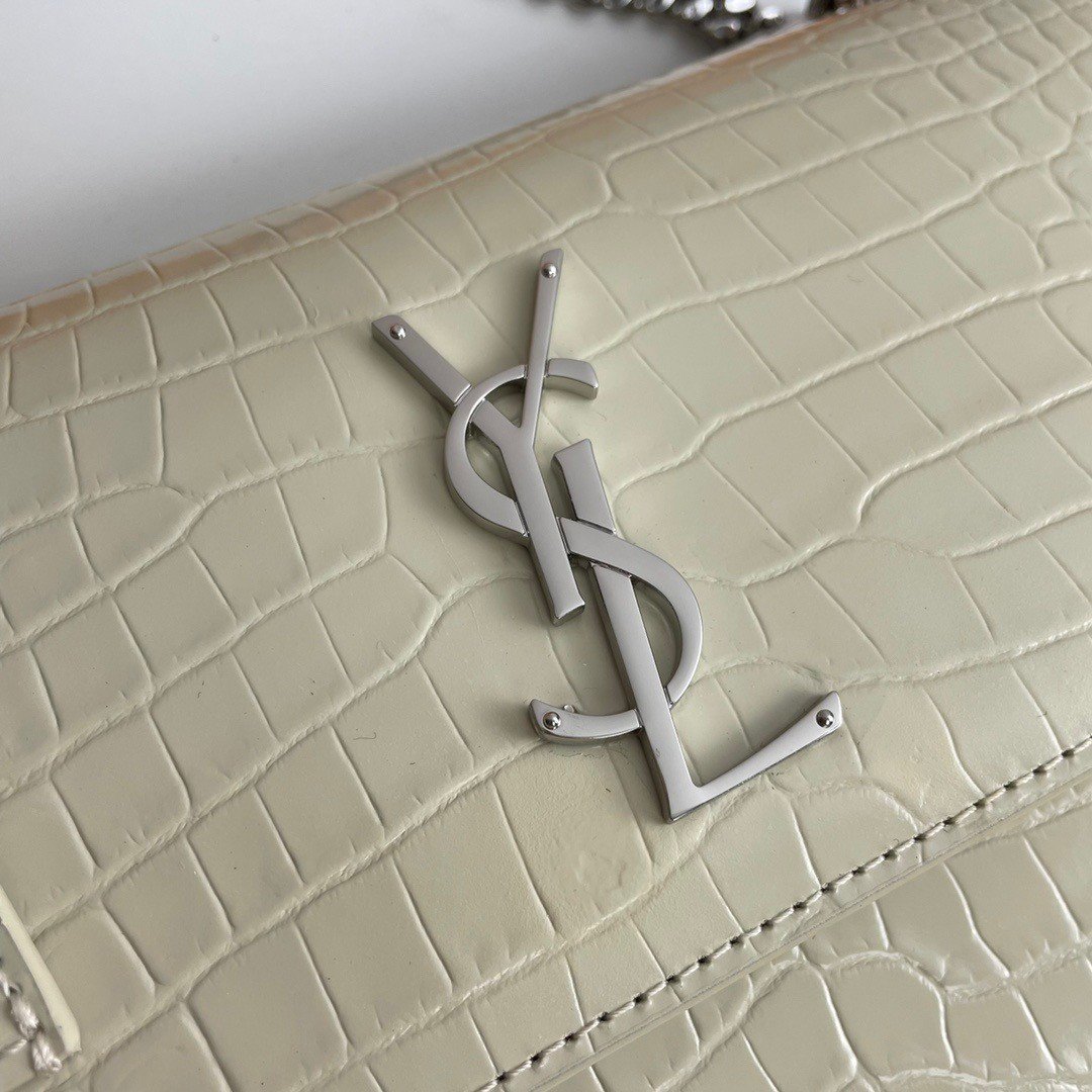 Saint Laurent Sunset Medium Chain Bag In Ivory Croc-embossed Leather