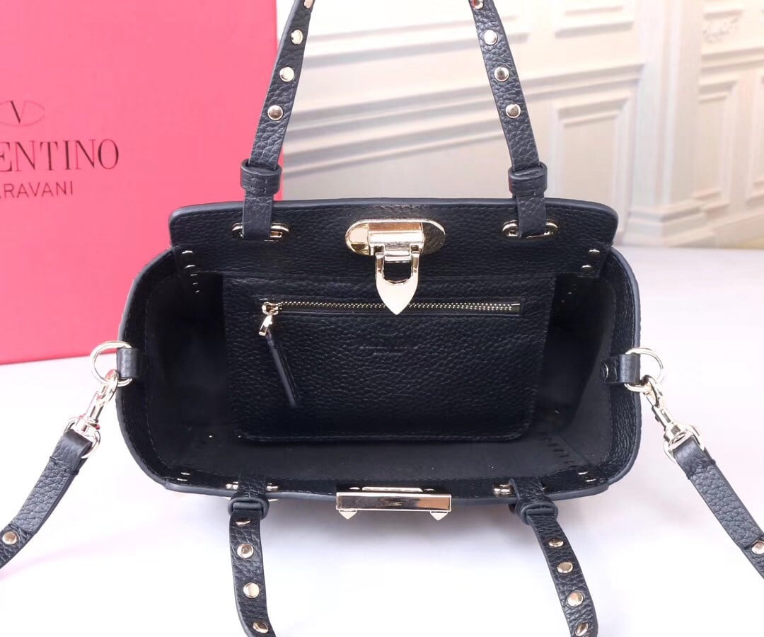 Valentino Rockstud Mini Tote In Black Grained Leather