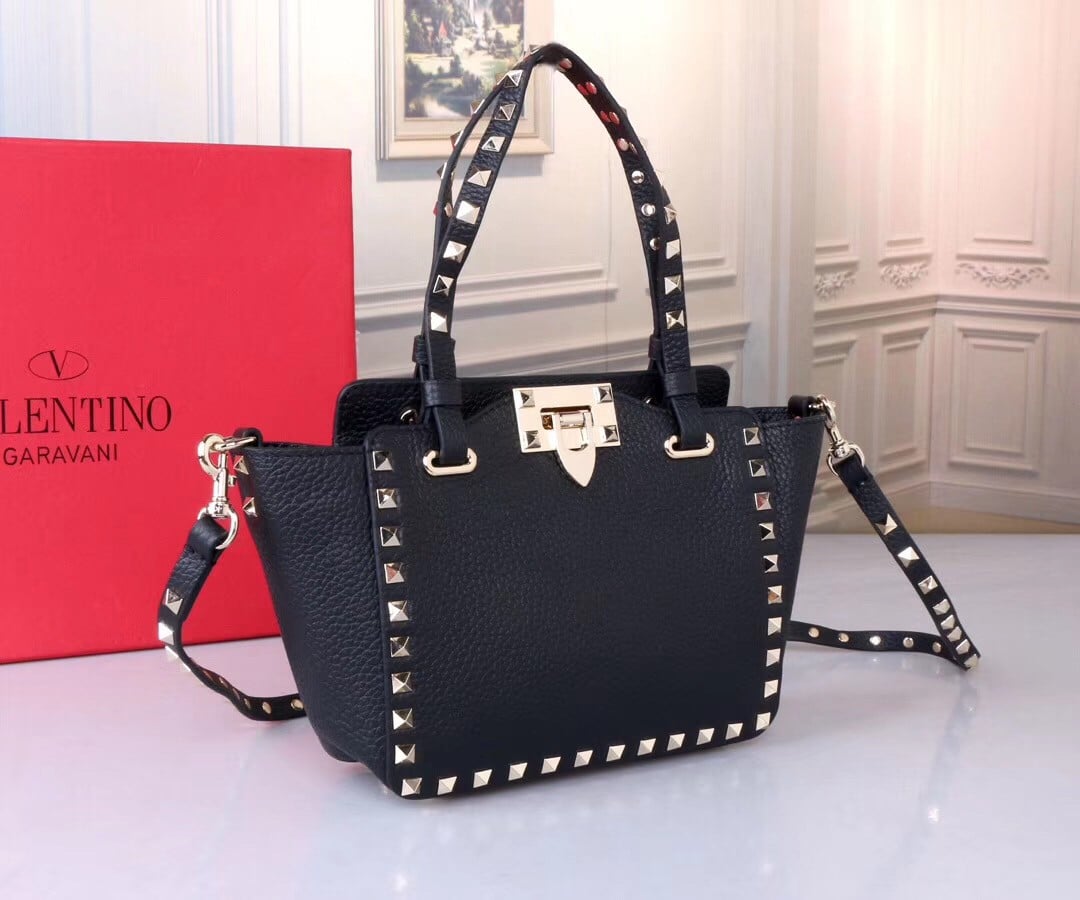 Valentino Rockstud Mini Tote In Black Grained Leather