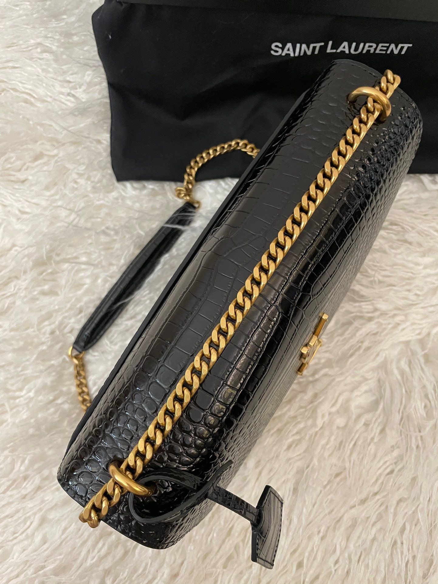 Saint Laurent Sunset Large Chain Bag In Black Crocodile-embossed Leather