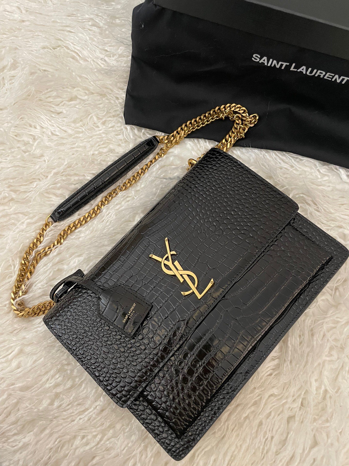 Saint Laurent Sunset Large Chain Bag In Black Crocodile-embossed Leather