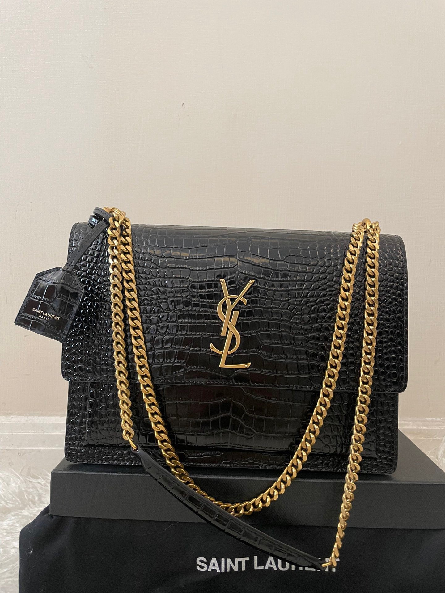 Saint Laurent Sunset Large Chain Bag In Black Crocodile-embossed Leather