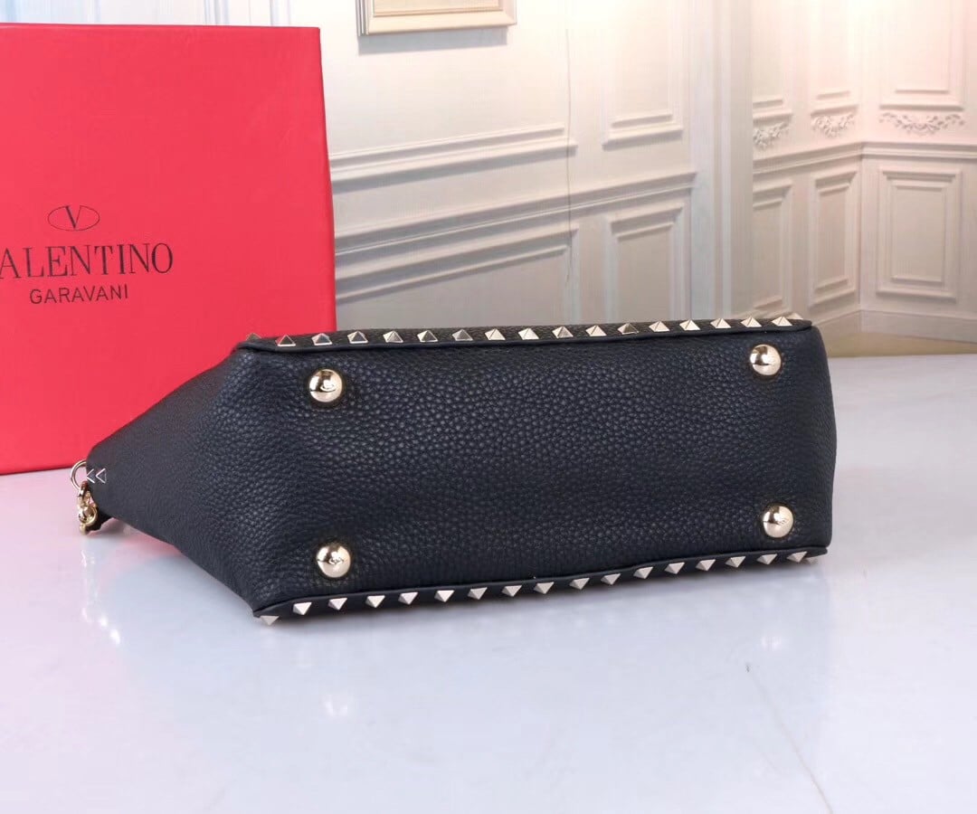 Valentino Rockstud Small Tote In Black Grained Calfskin