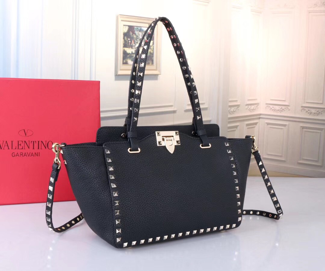 Valentino Rockstud Small Tote In Black Grained Calfskin