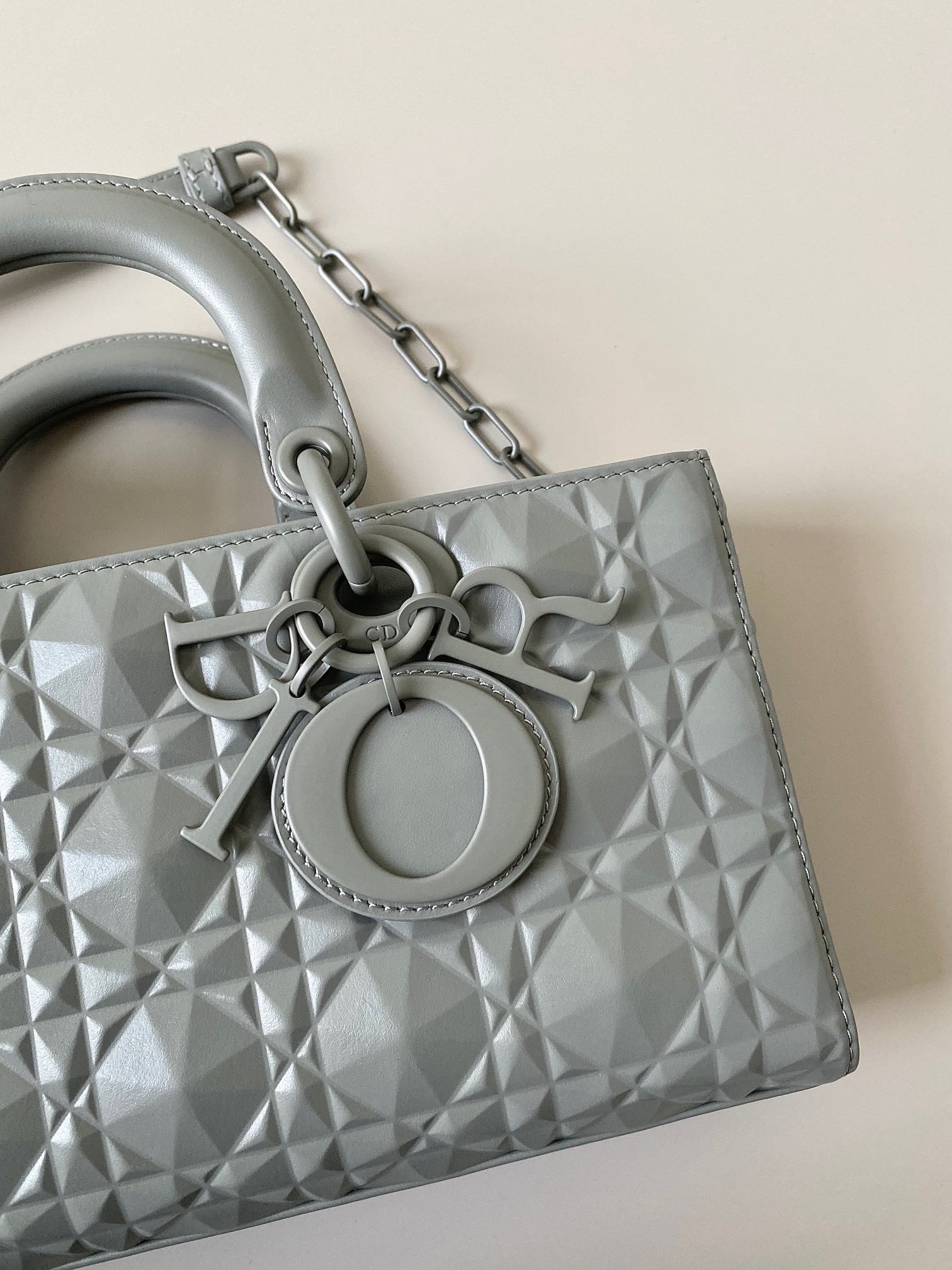 Dior Lady D-Joy Medium Bag In Grey Calfskin with Diamond Motif