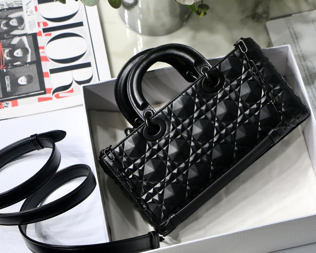 Dior Lady D-Joy Medium Bag In Black Calfskin with Diamond Motif