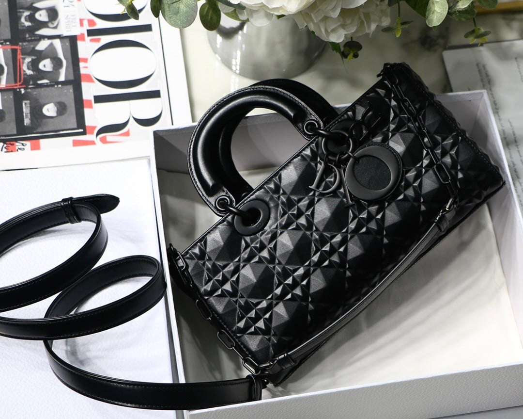 Dior Lady D-Joy Medium Bag In Black Calfskin with Diamond Motif