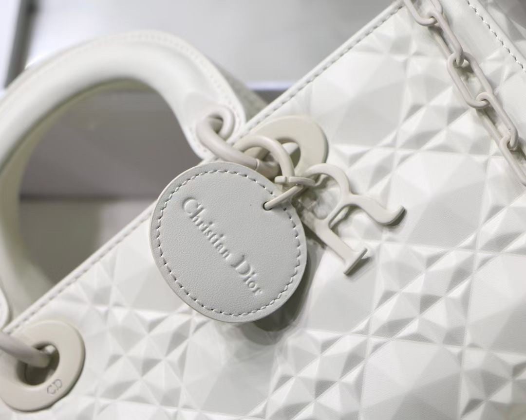 Dior Lady D-Joy Medium Bag In White Calfskin with Diamond Motif