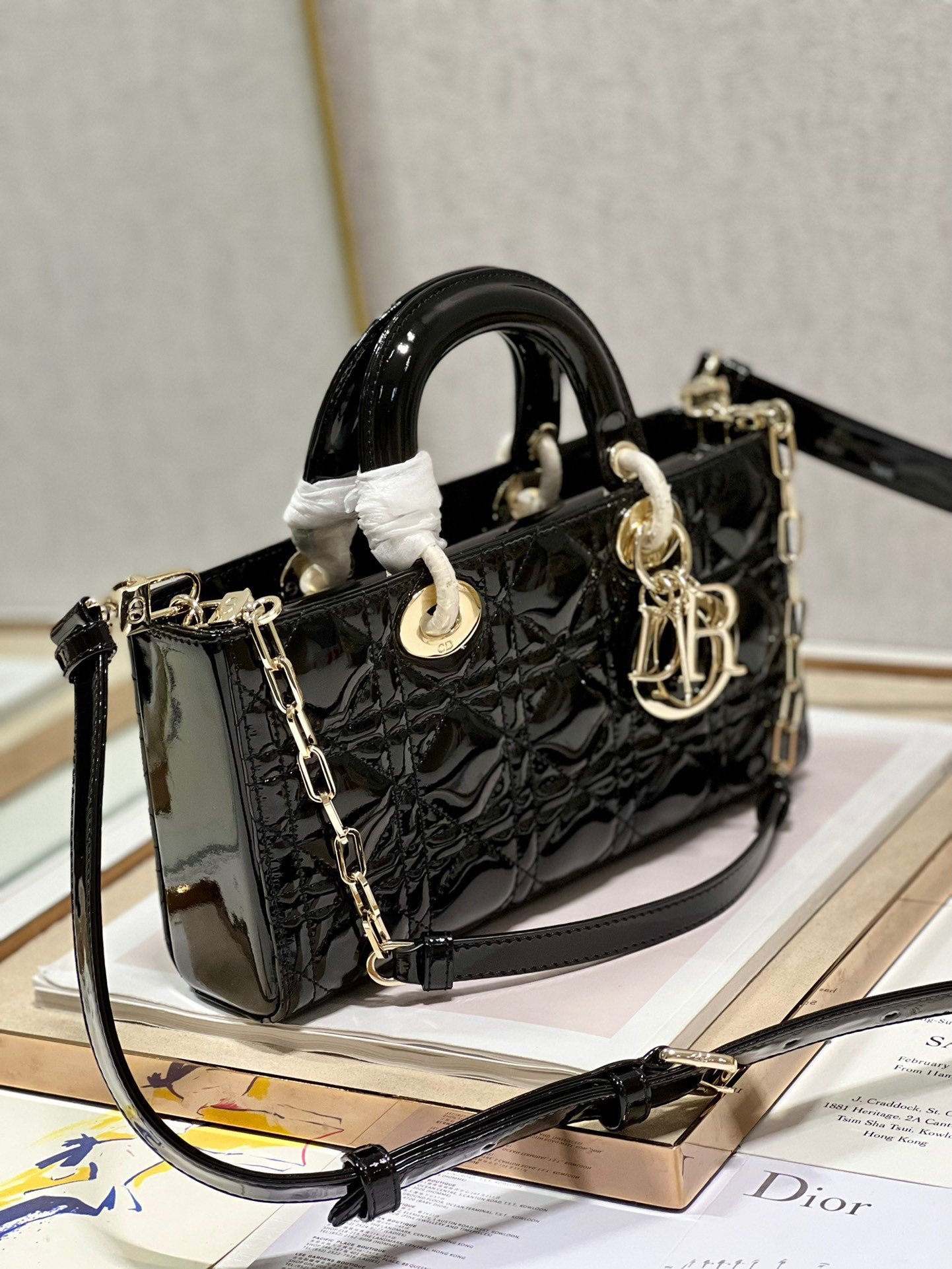 Dior Lady D-Joy Medium Bag In Black Patent Cannage Calfskin