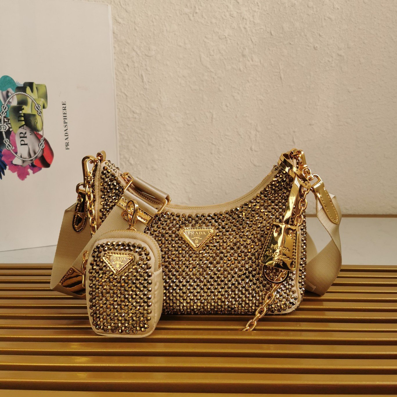 Prada Re-Edition 2005 Bag In Gold Satin with Crystal