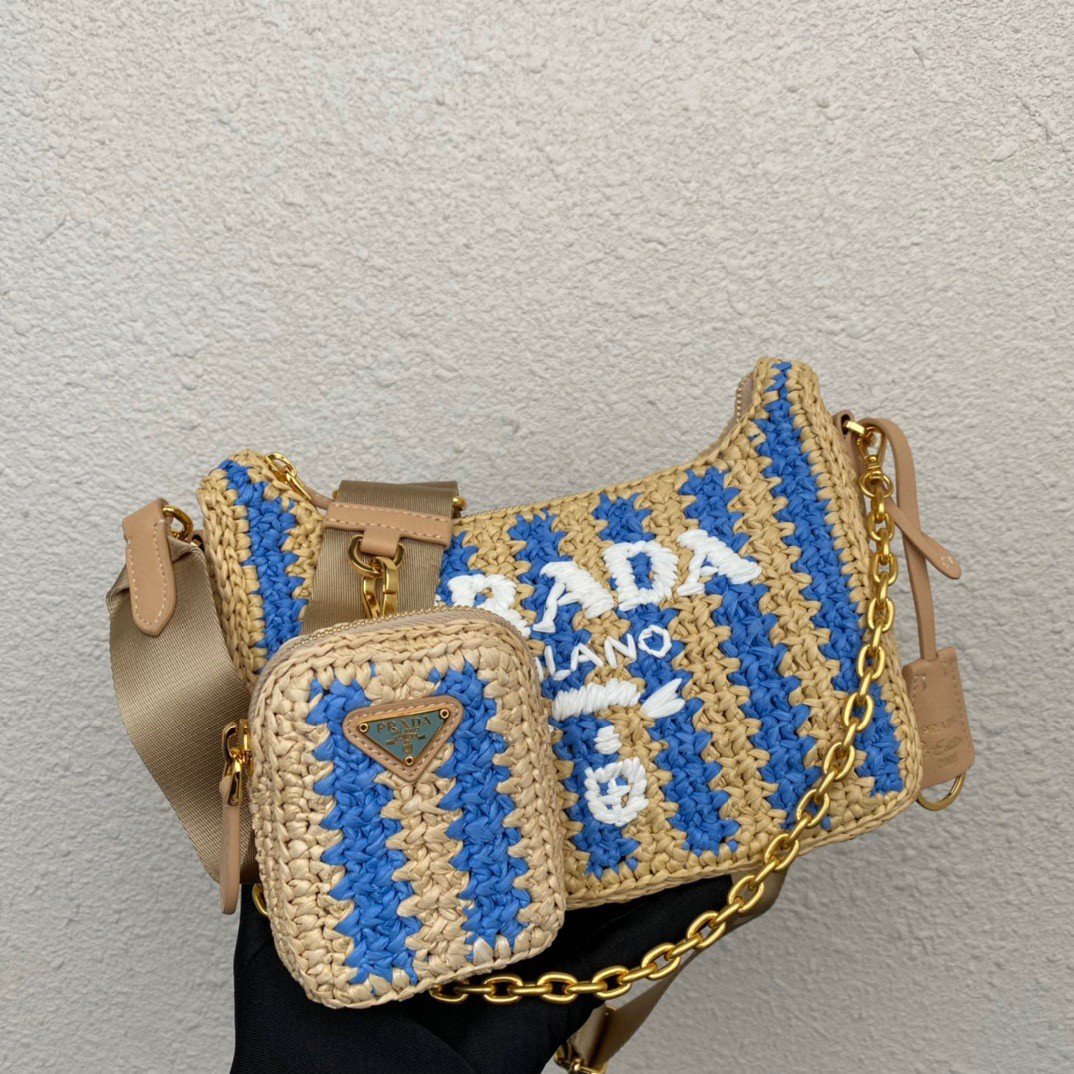 Prada Re-Edition 2005 Bag In Beige and Blue Stripe Raffia