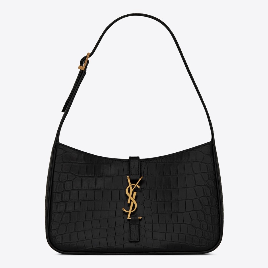 Saint Laurent Le 5 À 7 Hobo Bag in Black Crocodile Embossed Leather